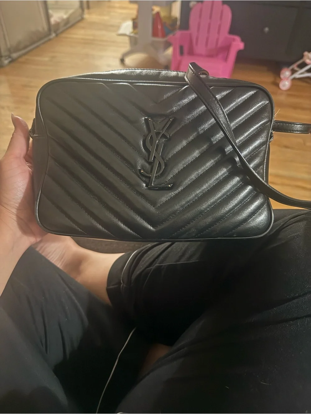 Saint Laurent Black Chevron Quilted Leather Camera Bag